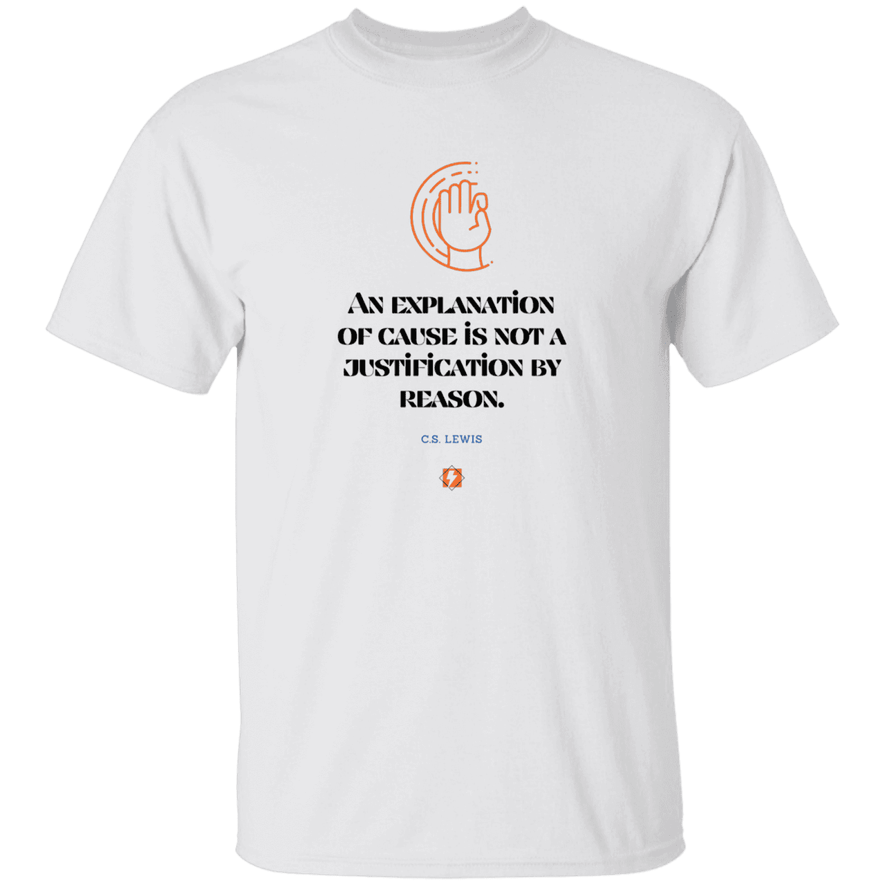 Men's T-Shirt Heavyweight G500 with inspiring CS Lewis quote: CS102 - Explanations Vs Justifications - Color: White