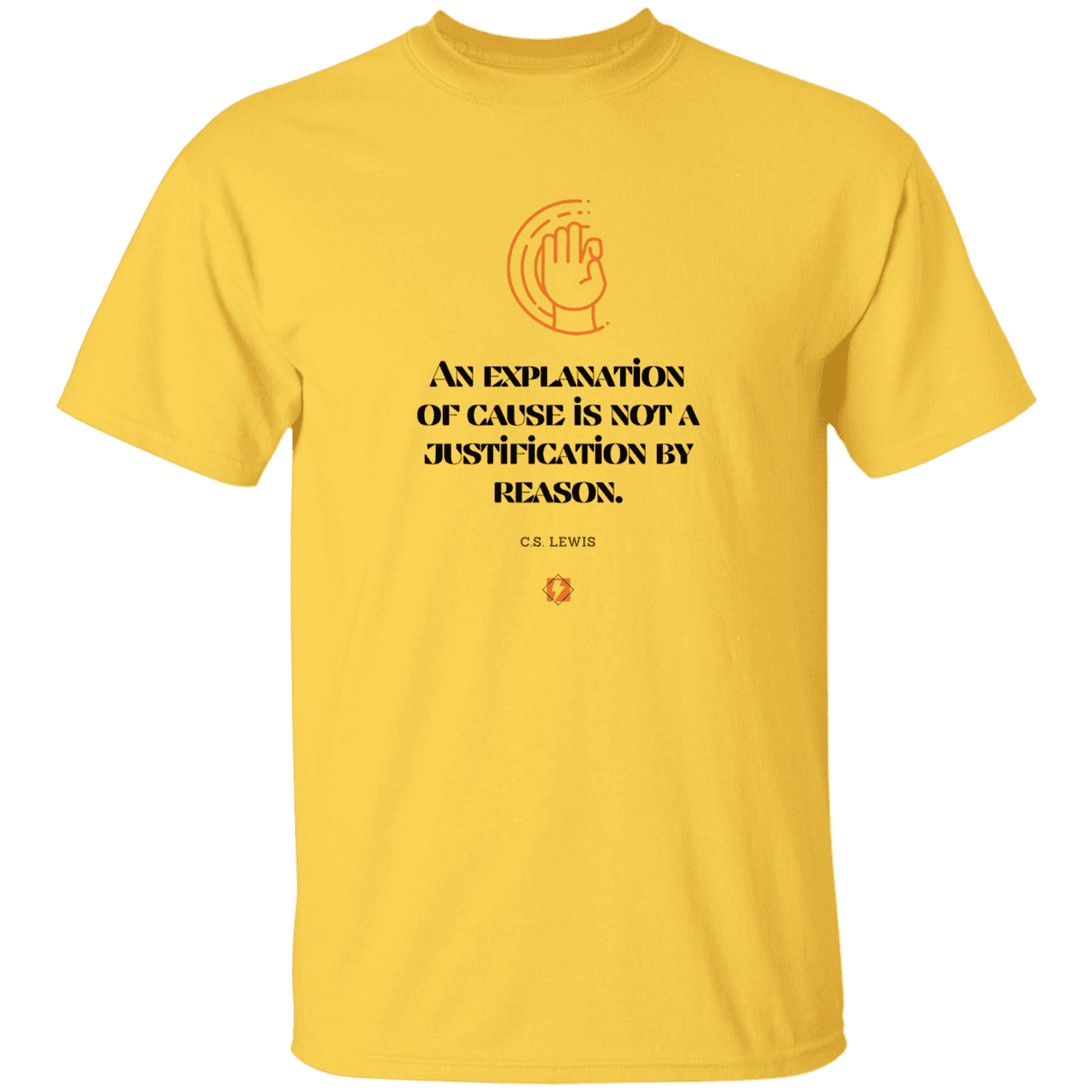 Men's T-Shirt Heavyweight G500 with inspiring CS Lewis quote: CS102 - Explanations Vs Justifications - Color: Daisy