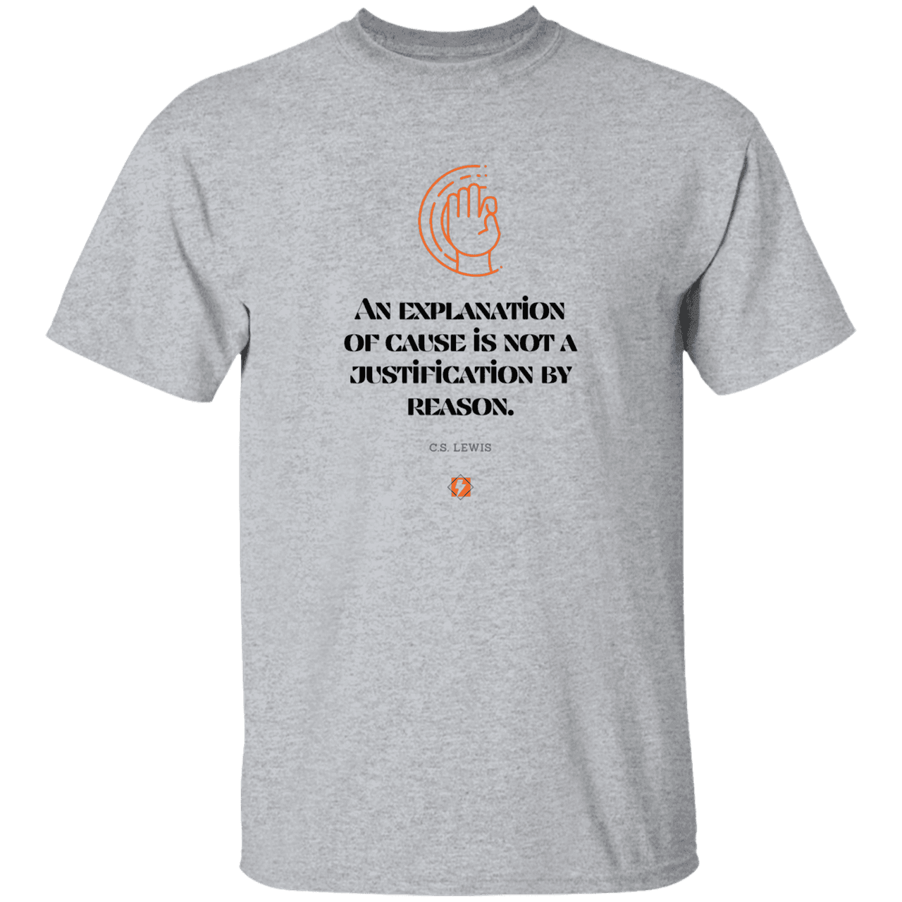 Men's T-Shirt Heavyweight G500 with inspiring CS Lewis quote: CS102 - Explanations Vs Justifications - Color: Sport Grey