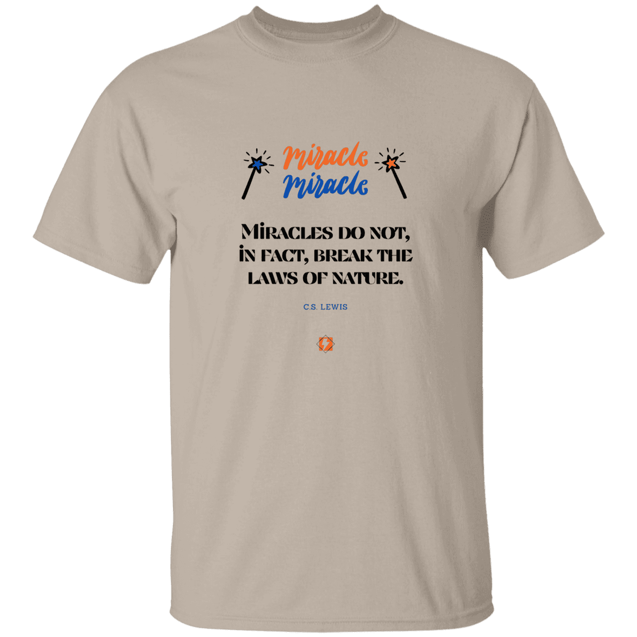 Men's T-Shirt Heavyweight G500 with inspiring CS Lewis quote: CS110 - Miracles do not break natural laws - Color: Sand