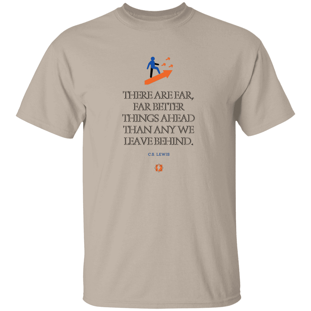 Men's T-Shirt Heavyweight G500 with inspiring CS Lewis quote: CS115 - Better things ahead than behind - Color: Sand