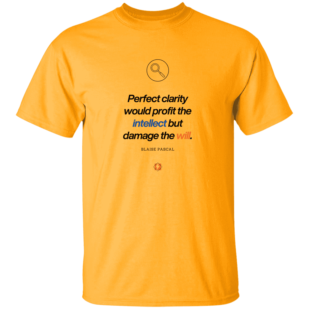 Men’s T-Shirt Heavyweight G500 with inspiring Pascal quote: BP109 - Clarity sometimes leads to inaction - Color: Gold