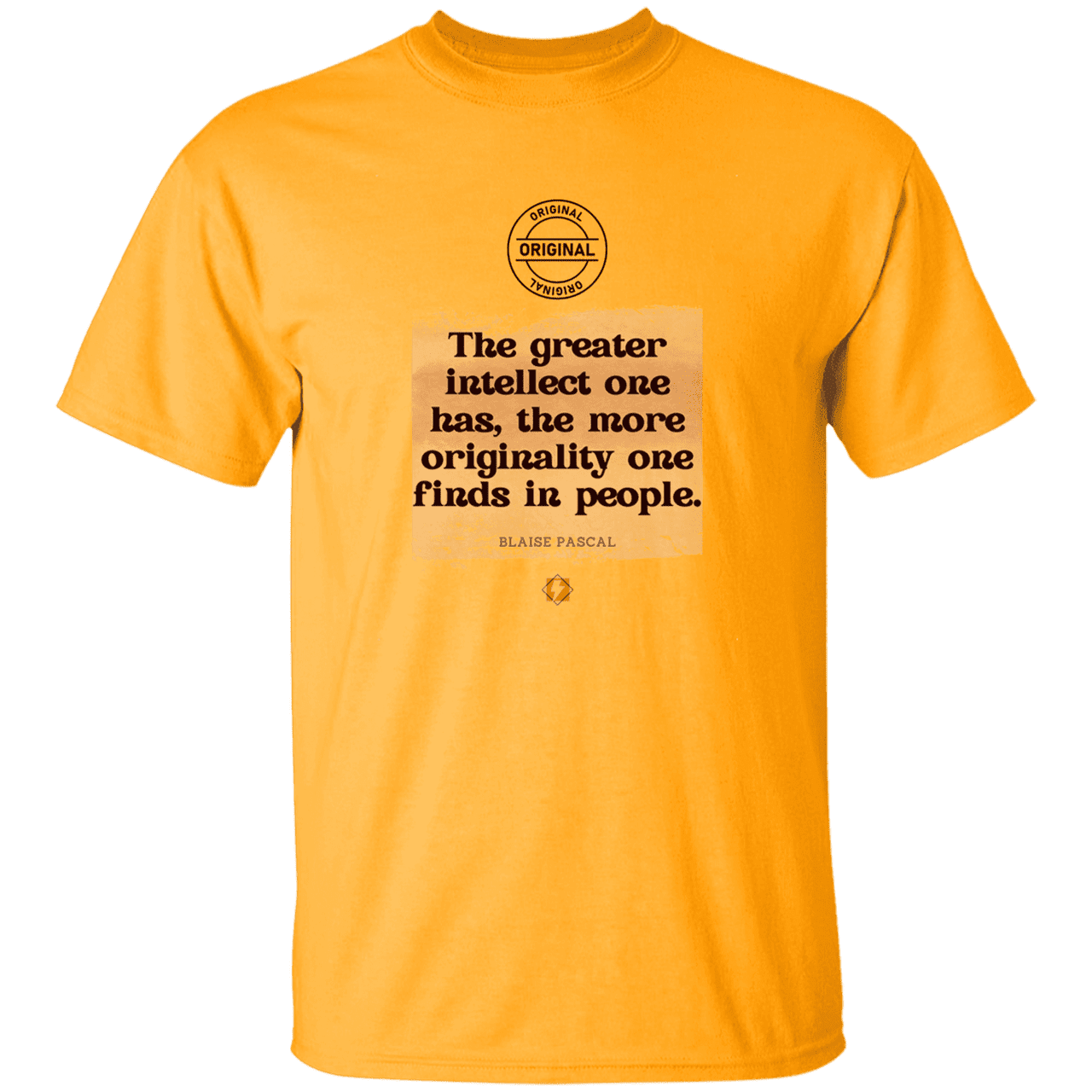 Men’s T-Shirt Heavyweight G500 with inspiring Pascal quote: BP111 - Intelligence is in perceiving originality - Color: Gold