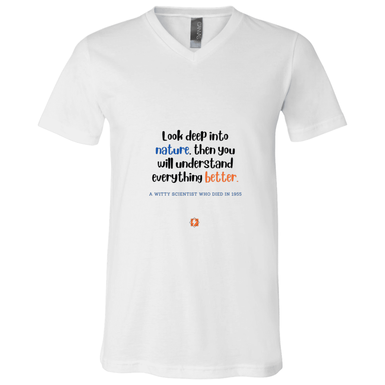 Men's T-Shirt Jersey Combed Cotton V-Neck 3005 with inspiring Einstein quote: E108 - Look to nature to understand everything - Color: White