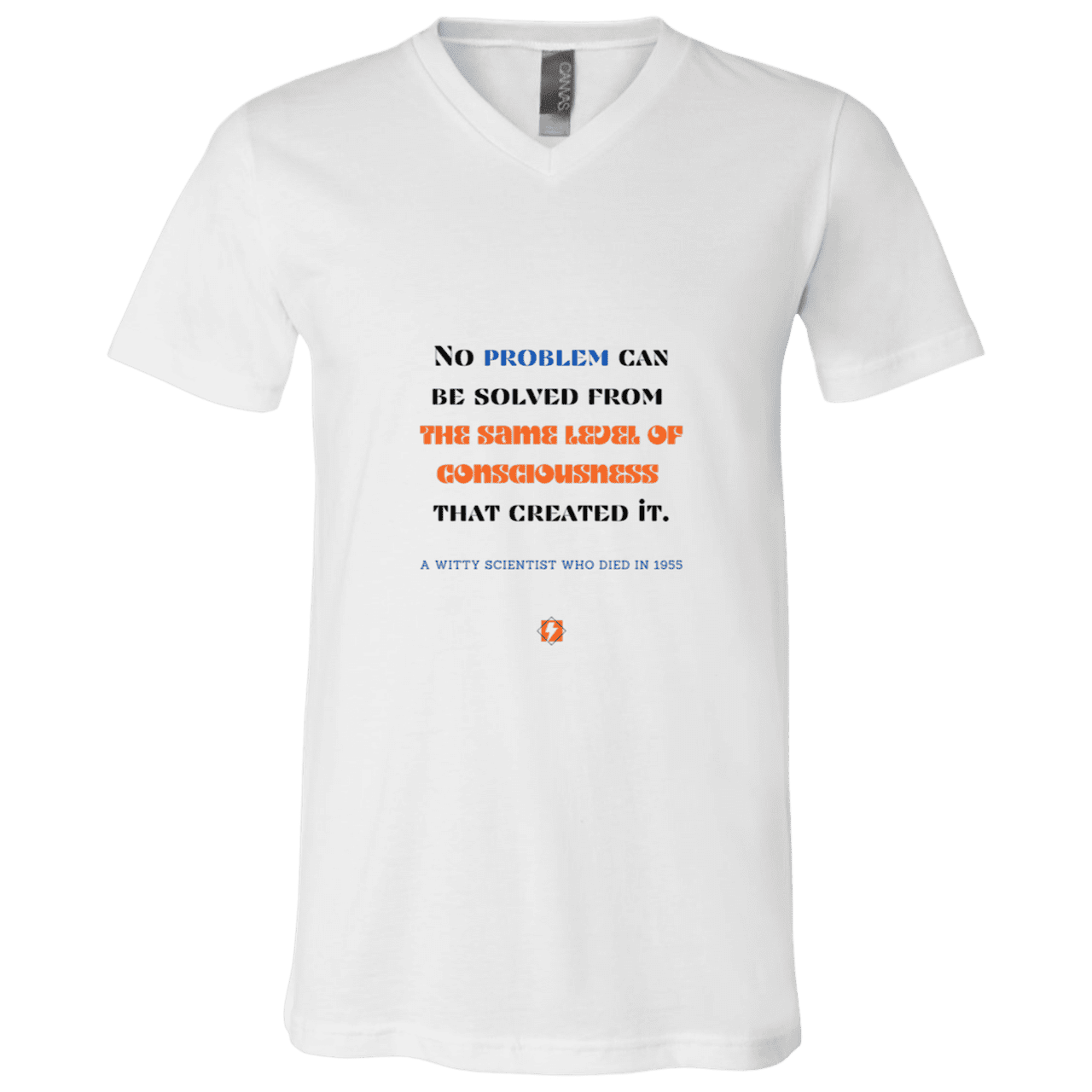 Men's T-Shirt Jersey Combed Cotton V-Neck 3005 with inspiring Einstein quote: E111 - Problem solving needs fresh thinking - Color: White