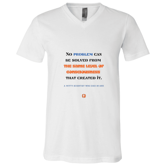 Men's T-Shirt Jersey Combed Cotton V-Neck 3005 with inspiring Einstein quote: E111 - Problem solving needs fresh thinking - Color: White