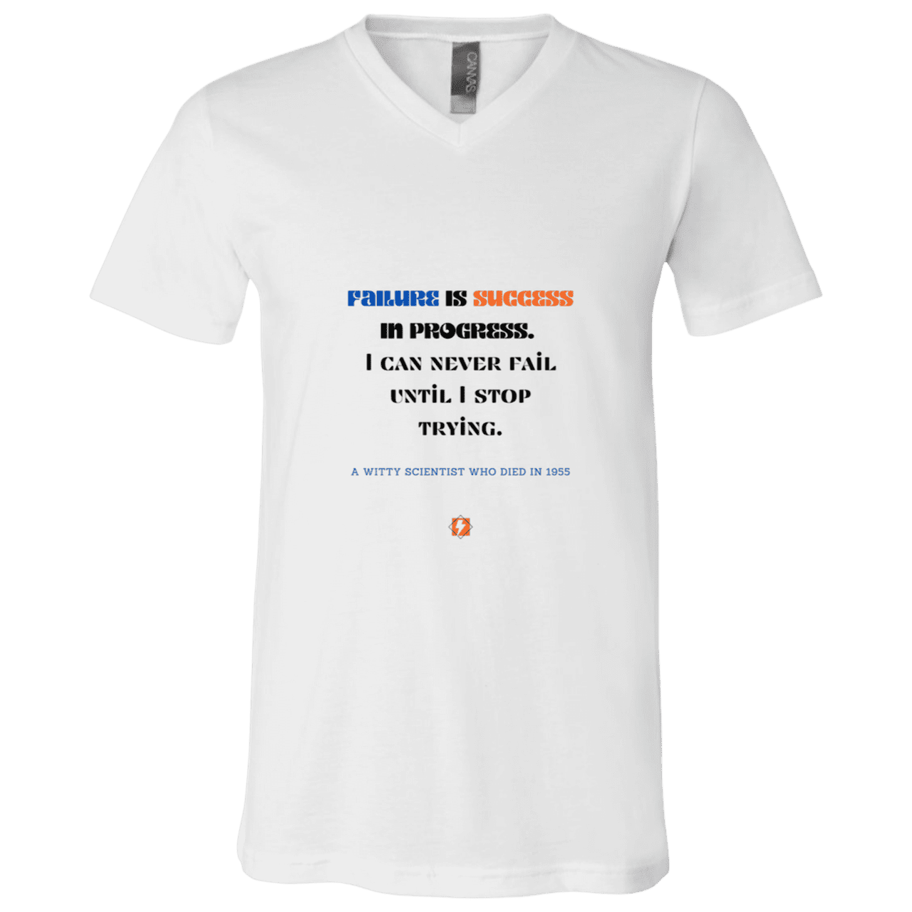 Men's T-Shirt Jersey Combed Cotton V-Neck 3005 with inspiring Einstein quote: E112 - Failure is success in progress - Color: White