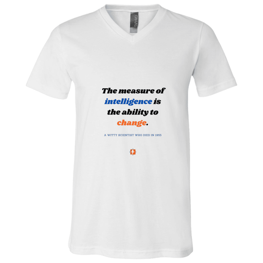 Men's T-Shirt Jersey Combed Cotton V-Neck 3005 with inspiring Einstein quote: E117 - Intelligence is the ability to change - Color: White