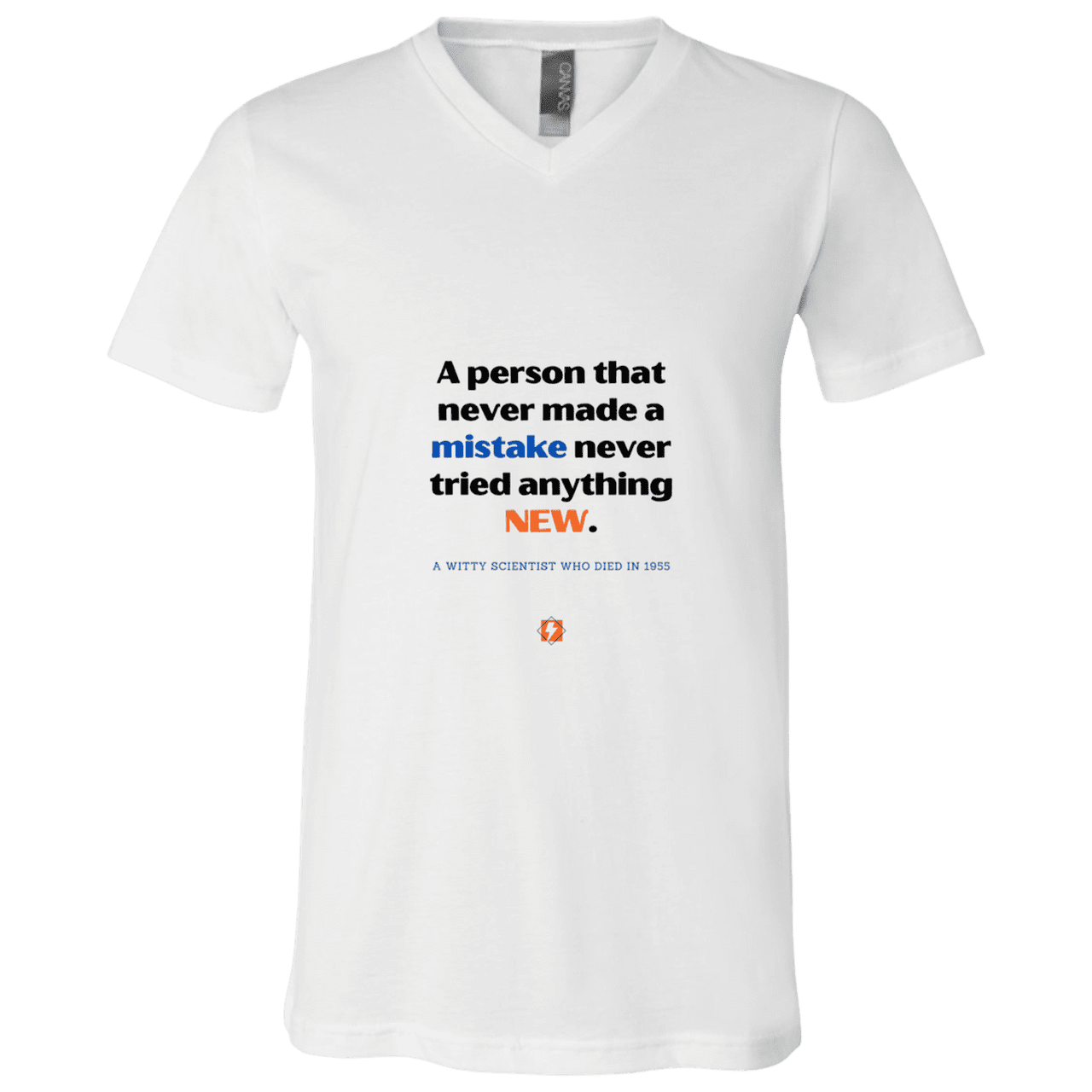 Men's T-Shirt Jersey Combed Cotton V-Neck 3005 with inspiring Einstein quote: E118 - Try new things and learn from mistakes - Color: White