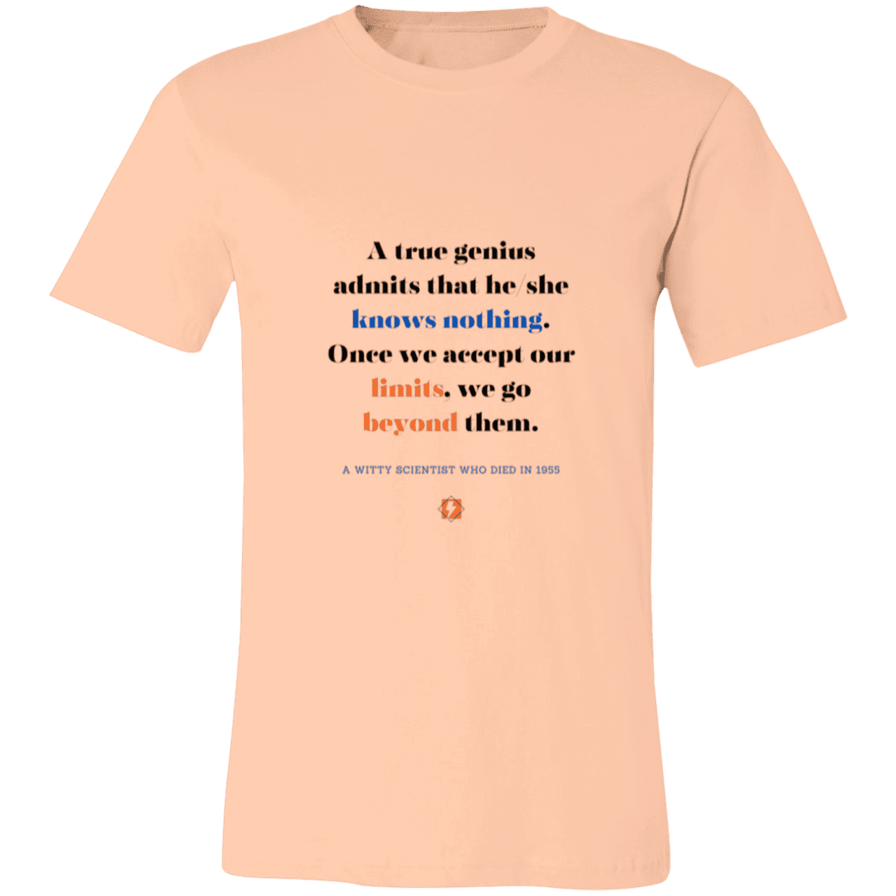 Men's T-Shirt Jersey Pre-shrunk Cotton 3001C with inspiring Einstein quote: E119 - A genius is conscious of one's limits - Color: Heather Peach