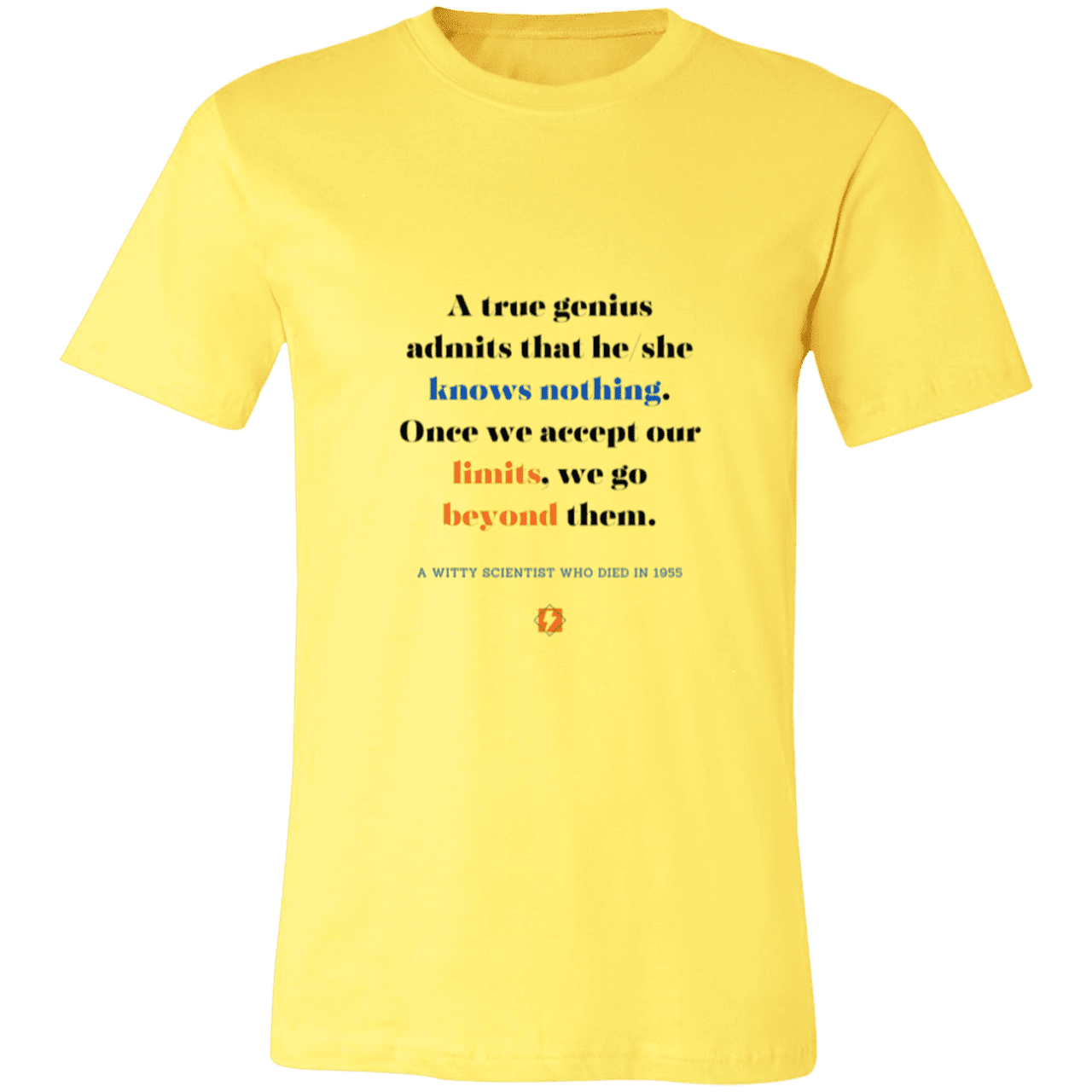 Men's T-Shirt Jersey Pre-shrunk Cotton 3001C with inspiring Einstein quote: E119 - A genius is conscious of one's limits - Color: Yellow