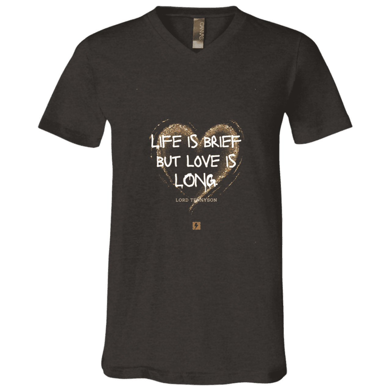 Men's T-Shirt Jersey Short-Sleeve V-neck with inspiring Tennyson quote: LT108 - Life vs Love - Color: Dark Grey Heather