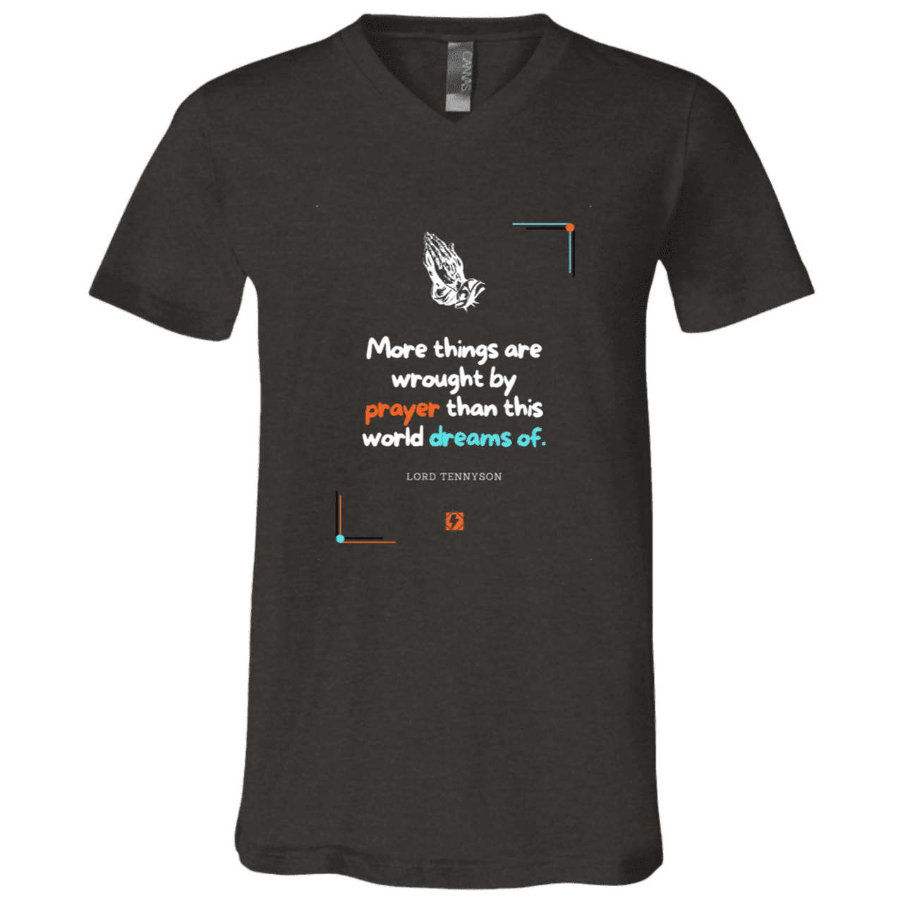 Men's T-Shirt Jersey Short-Sleeve V-neck with inspiring Tennyson quote: LT111 - Prayer accomplishes things not dreams - Color: Dark Grey Heather