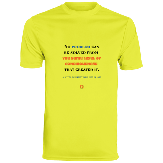 Men's T-Shirt Moisture-Wicking Tee 790 with inspiring Einstein quote: E111 - Problem solving needs fresh thinking - Color: Safety Yellow