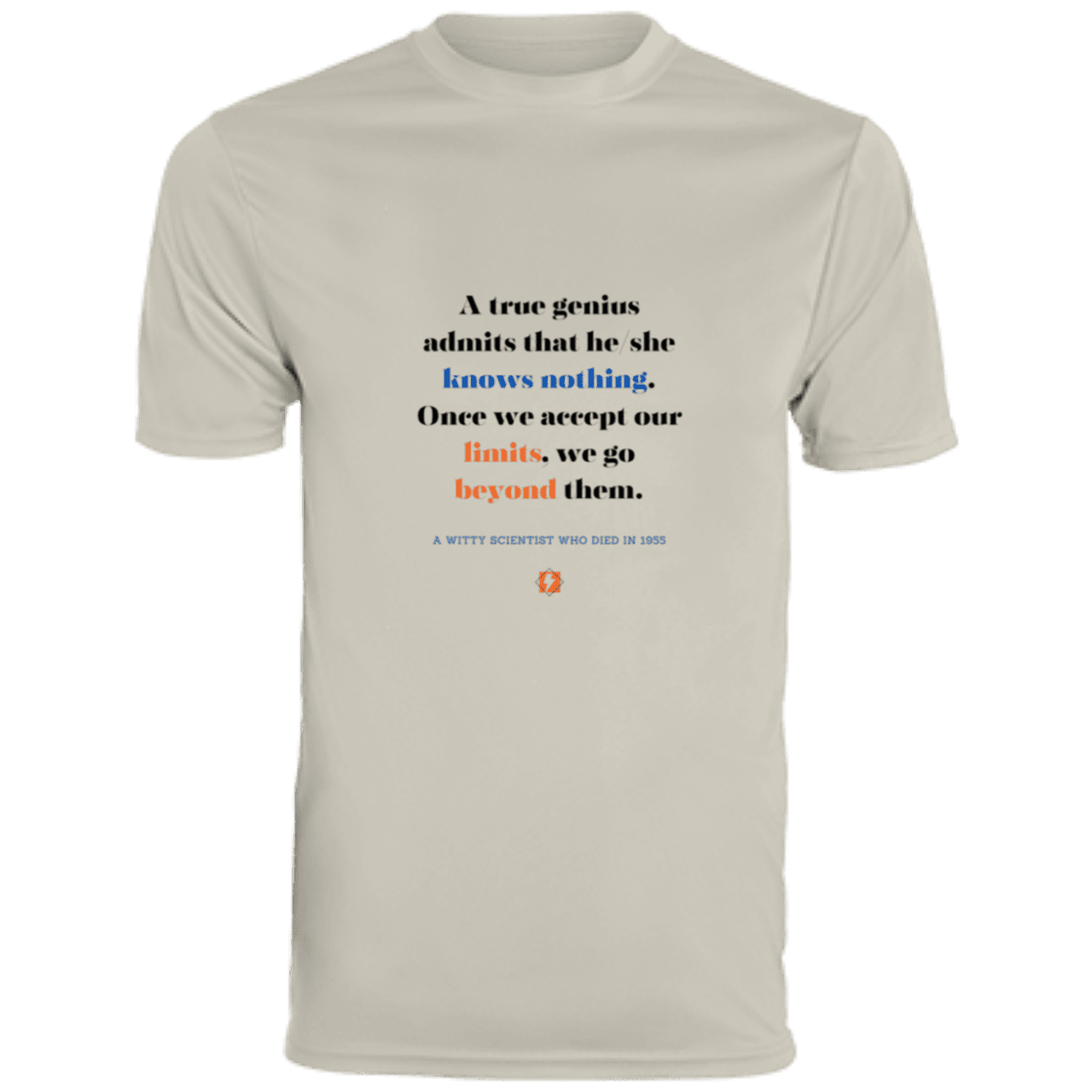 Men's T-Shirt Moisture-Wicking Tee 790 with inspiring Einstein quote: E119 - A genius is conscious of one's limits - Color: Silver Grey