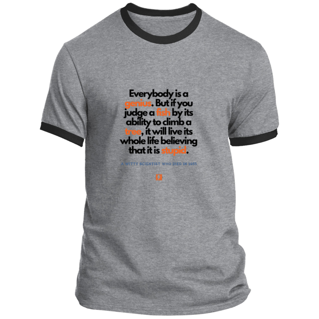 Men's T-Shirt Ringer Tee PC54R Light with inspiring Einstein quote: E103 - Everybody is a genius - Color: Athletic Heather/Jet Black