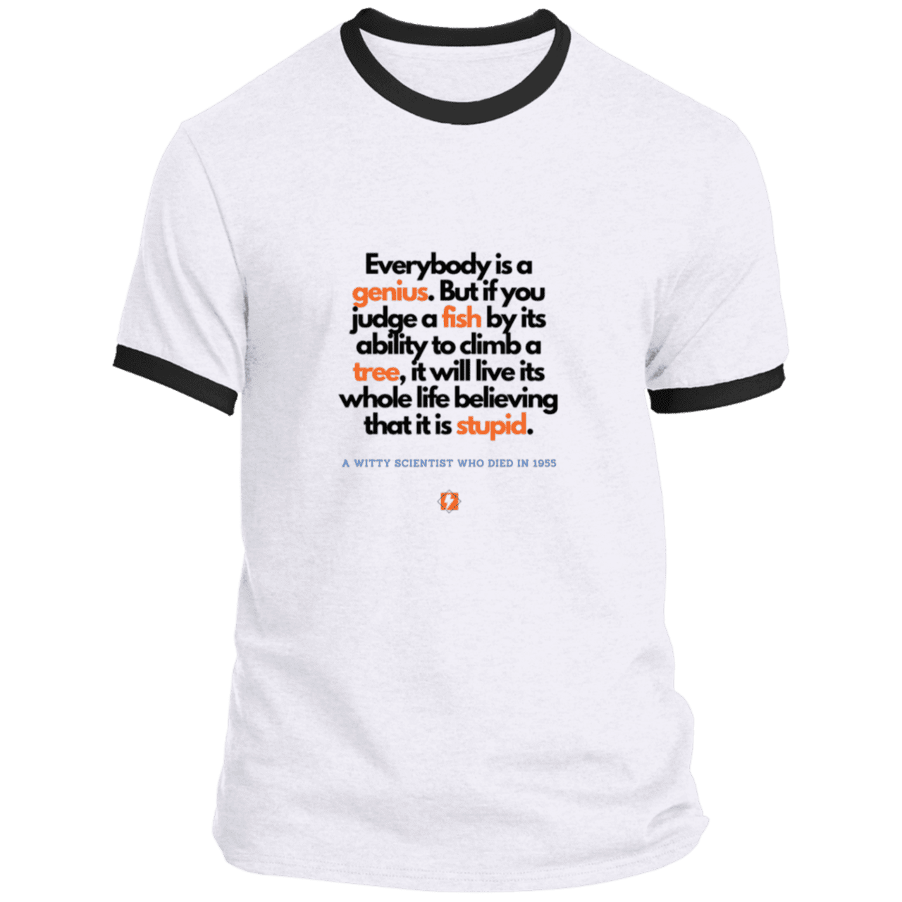 Men's T-Shirt Ringer Tee PC54R Light with inspiring Einstein quote: E103 - Everybody is a genius - Color: White/Jet Black