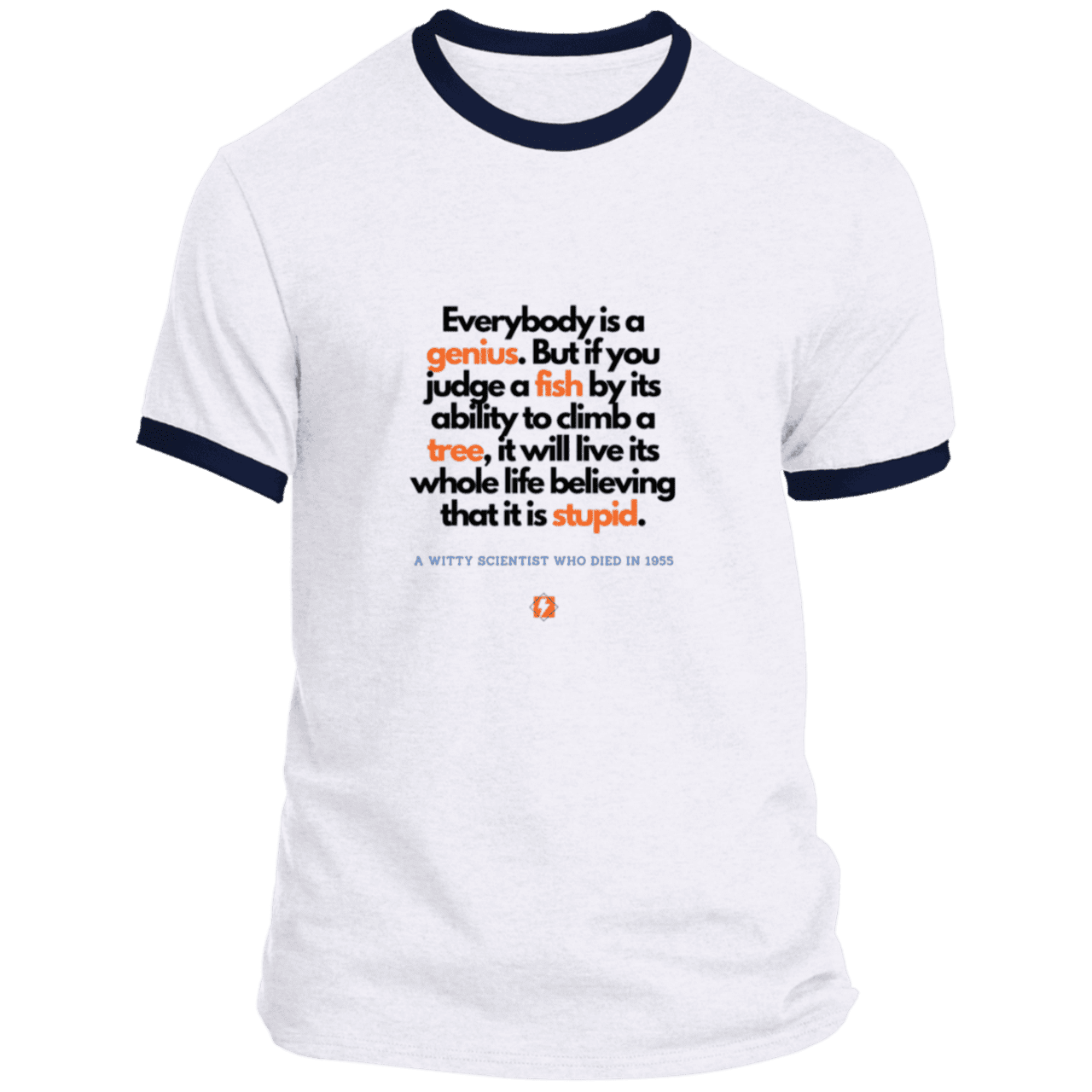 Men's T-Shirt Ringer Tee PC54R Light with inspiring Einstein quote: E103 - Everybody is a genius - Color: White/Navy