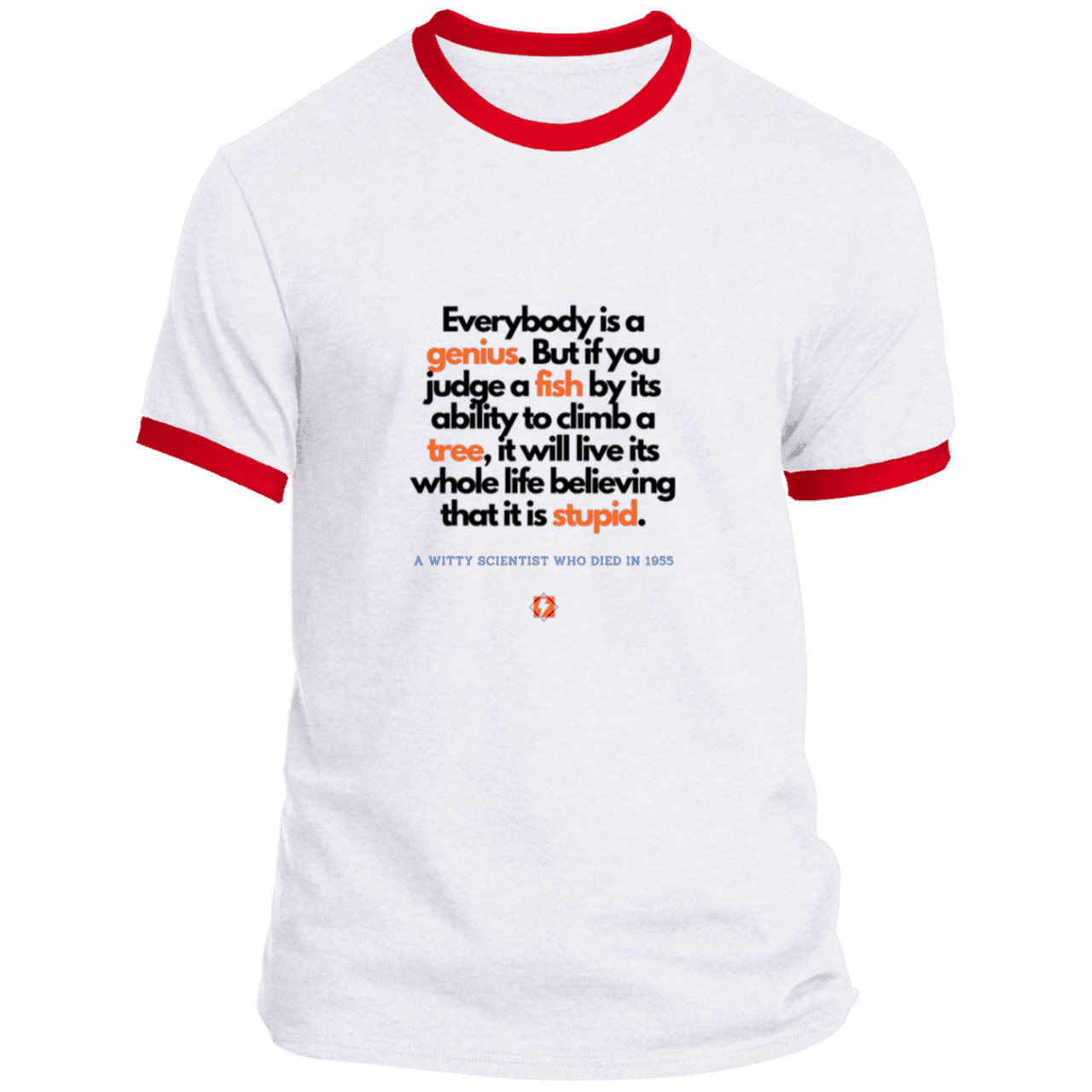 Men's T-Shirt Ringer Tee PC54R Light with inspiring Einstein quote: E103 - Everybody is a genius - Color: White/Red