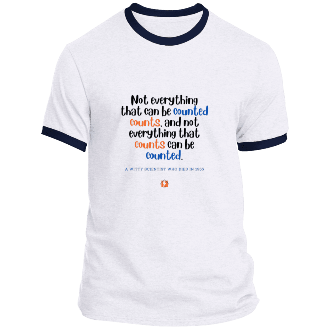 Men's T-Shirt Ringer Tee PC54R Light with inspiring Einstein quote: E104 - Not everything that can be counted counts - Color: White/Navy