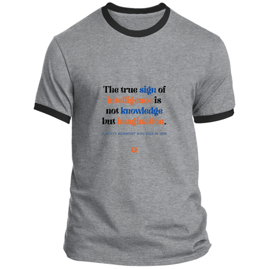 Men's T-Shirt Ringer Tee PC54R Light with inspiring Einstein quote: E106 - True sign of intelligence is imagination - Color: Athletic Heather/Jet Black