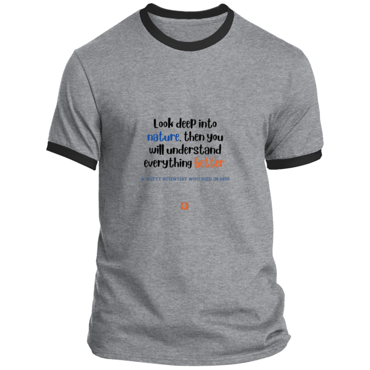 Men's T-Shirt Ringer Tee PC54R Light with inspiring Einstein quote: E108 - Look to nature to understand everything - Color: Athletic Heather/Jet Black