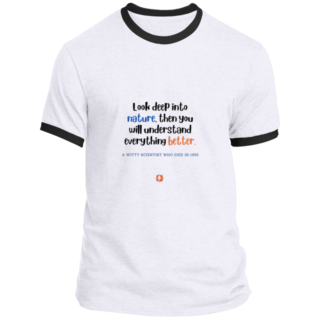 Men's T-Shirt Ringer Tee PC54R Light with inspiring Einstein quote: E108 - Look to nature to understand everything - Color: White/Jet Black