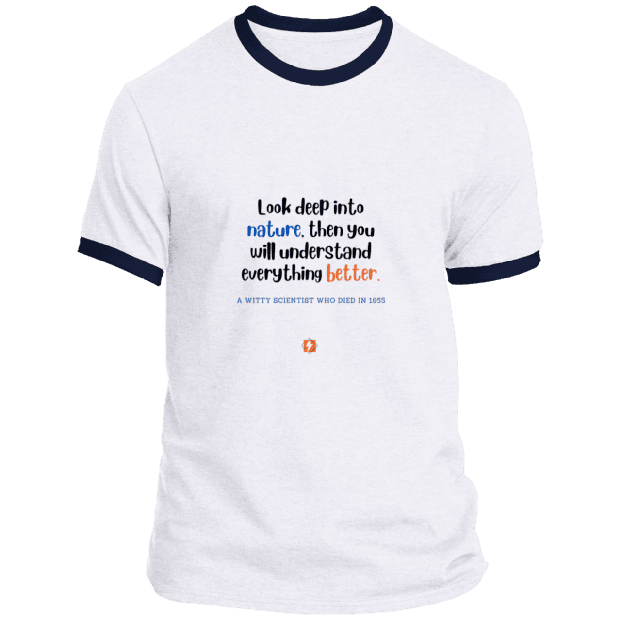 Men's T-Shirt Ringer Tee PC54R Light with inspiring Einstein quote: E108 - Look to nature to understand everything - Color: White/Navy