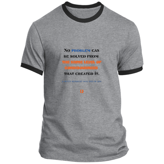 Men's T-Shirt Ringer Tee PC54R Light with inspiring Einstein quote: E111 - Problem solving needs fresh thinking - Color: Athletic Heather/Jet Black