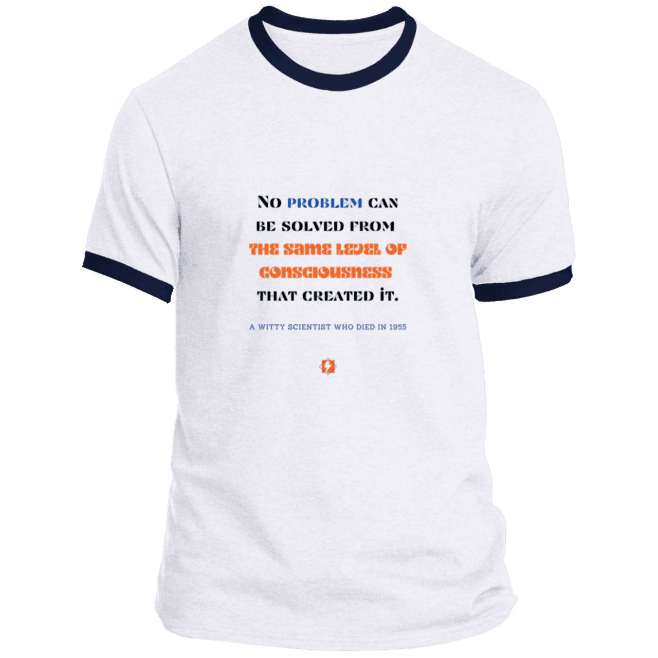 Men's T-Shirt Ringer Tee PC54R Light with inspiring Einstein quote: E111 - Problem solving needs fresh thinking - Color: White/Navy