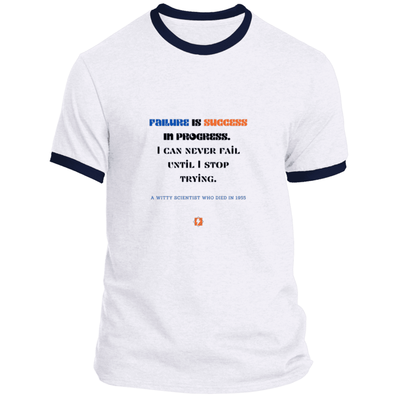 Men's T-Shirt Ringer Tee PC54R Light with inspiring Einstein quote: E112 - Failure is success in progress - Color: White/Navy