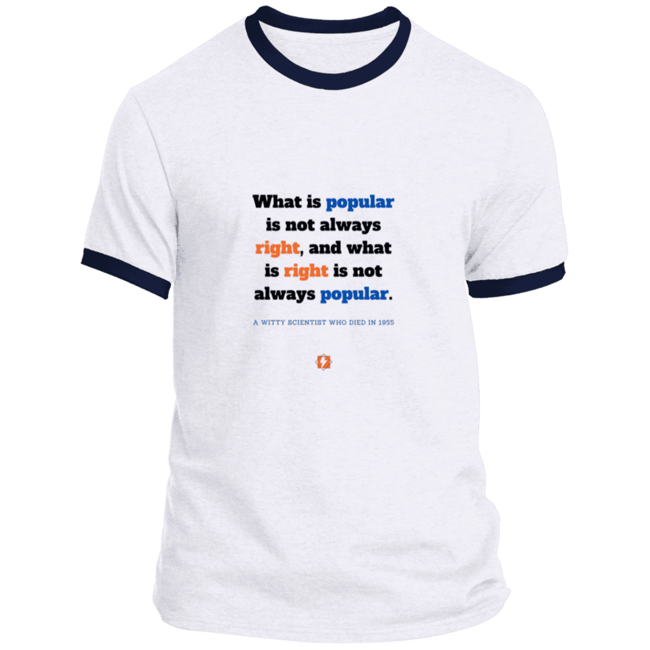 Men's T-Shirt Ringer Tee PC54R Light with inspiring Einstein quote: E114 - Popular and right are two different things - Color: White/Navy