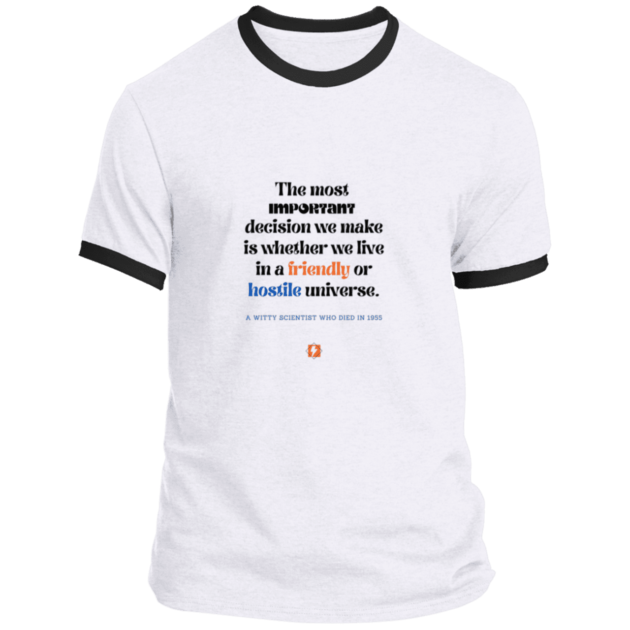 Men's T-Shirt Ringer Tee PC54R Light with inspiring Einstein quote: E115 - Understanding the nature of the universe is key - Color: White/Jet Black