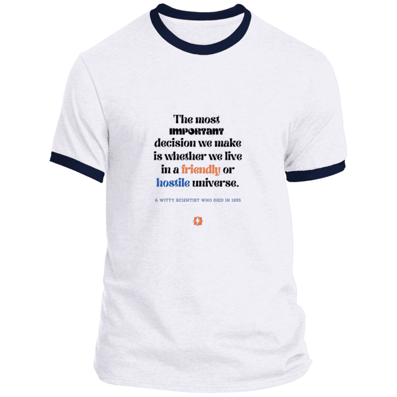 Men's T-Shirt Ringer Tee PC54R Light with inspiring Einstein quote: E115 - Understanding the nature of the universe is key - Color: White/Navy