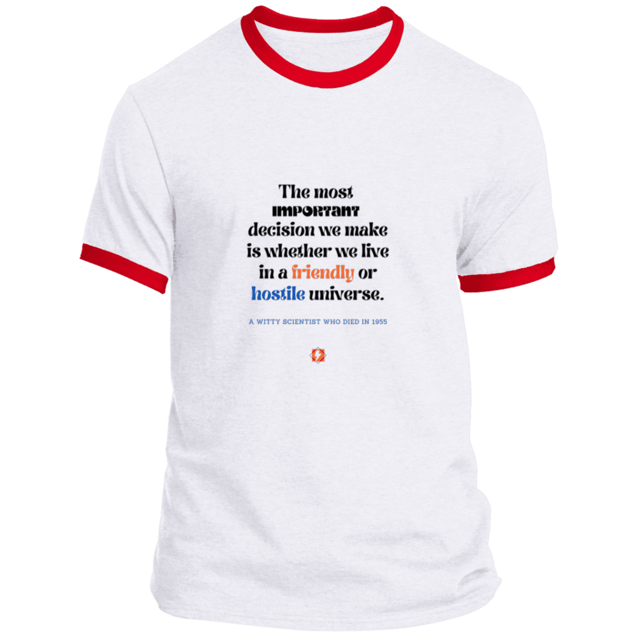 Men's T-Shirt Ringer Tee PC54R Light with inspiring Einstein quote: E115 - Understanding the nature of the universe is key - Color: White/Red