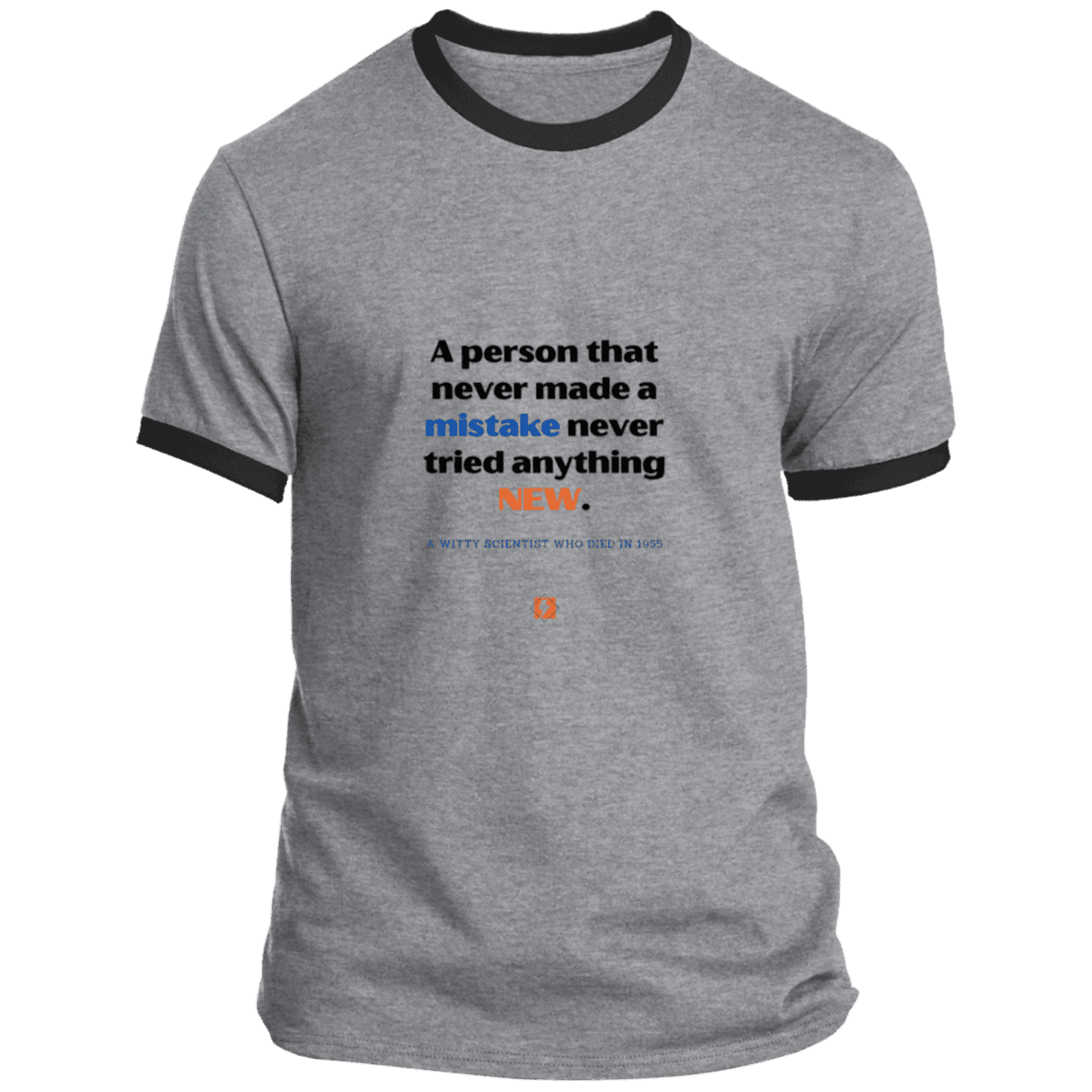 Men's T-Shirt Ringer Tee PC54R Light with inspiring Einstein quote: E118 - Try new things and learn from mistakes - Color: Athletic Heather/Jet Black