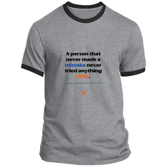 Men's T-Shirt Ringer Tee PC54R Light with inspiring Einstein quote: E118 - Try new things and learn from mistakes - Color: Athletic Heather/Jet Black