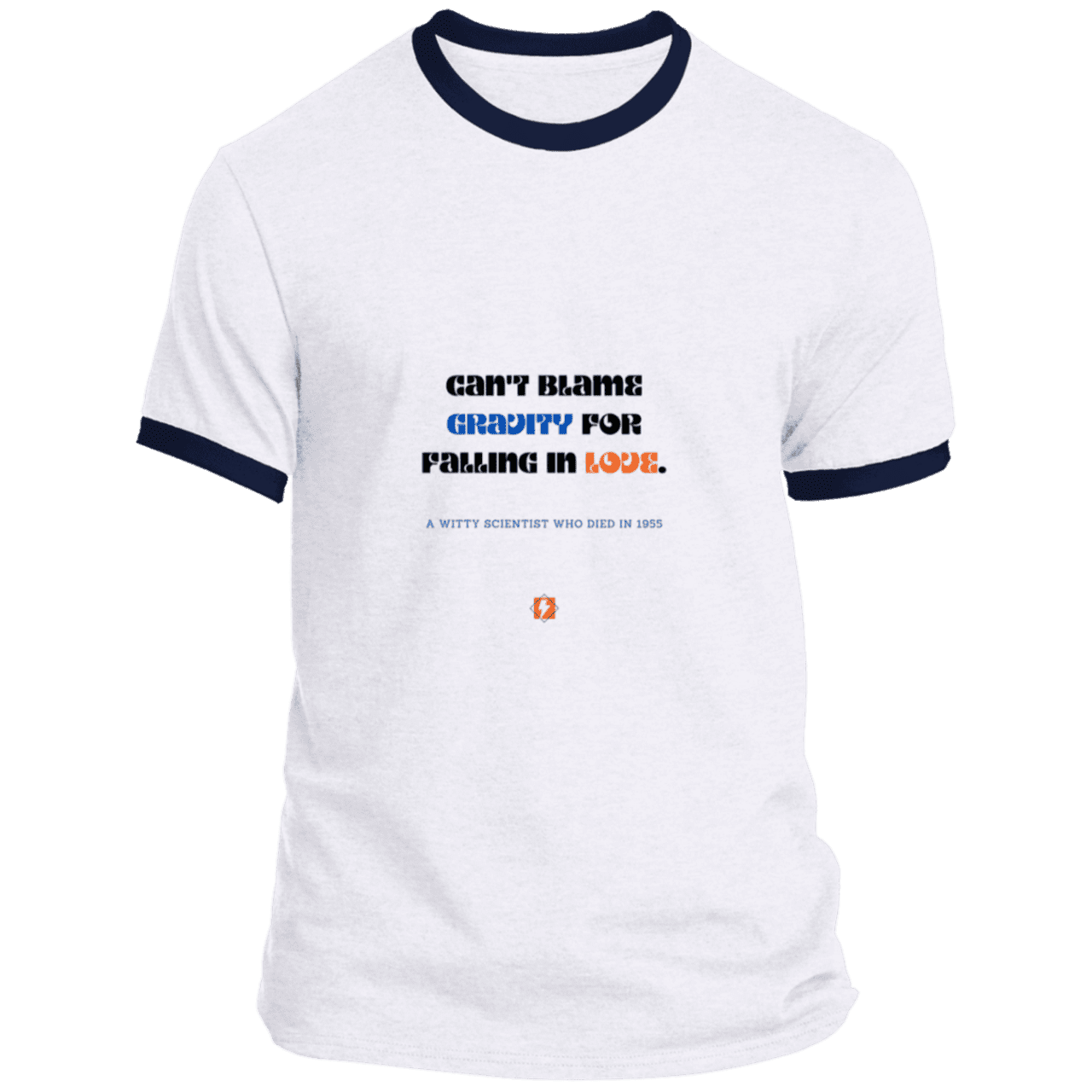 Men's T-Shirt Ringer Tee PC54R Light with inspiring Einstein quote: E123 - Can't blame gravity for falling in love - Color: White/Navy