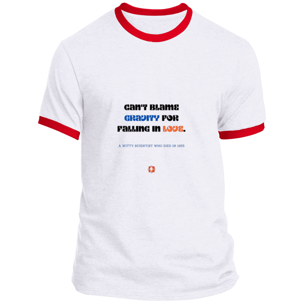 Men's T-Shirt Ringer Tee PC54R Light with inspiring Einstein quote: E123 - Can't blame gravity for falling in love - Color: White/Red