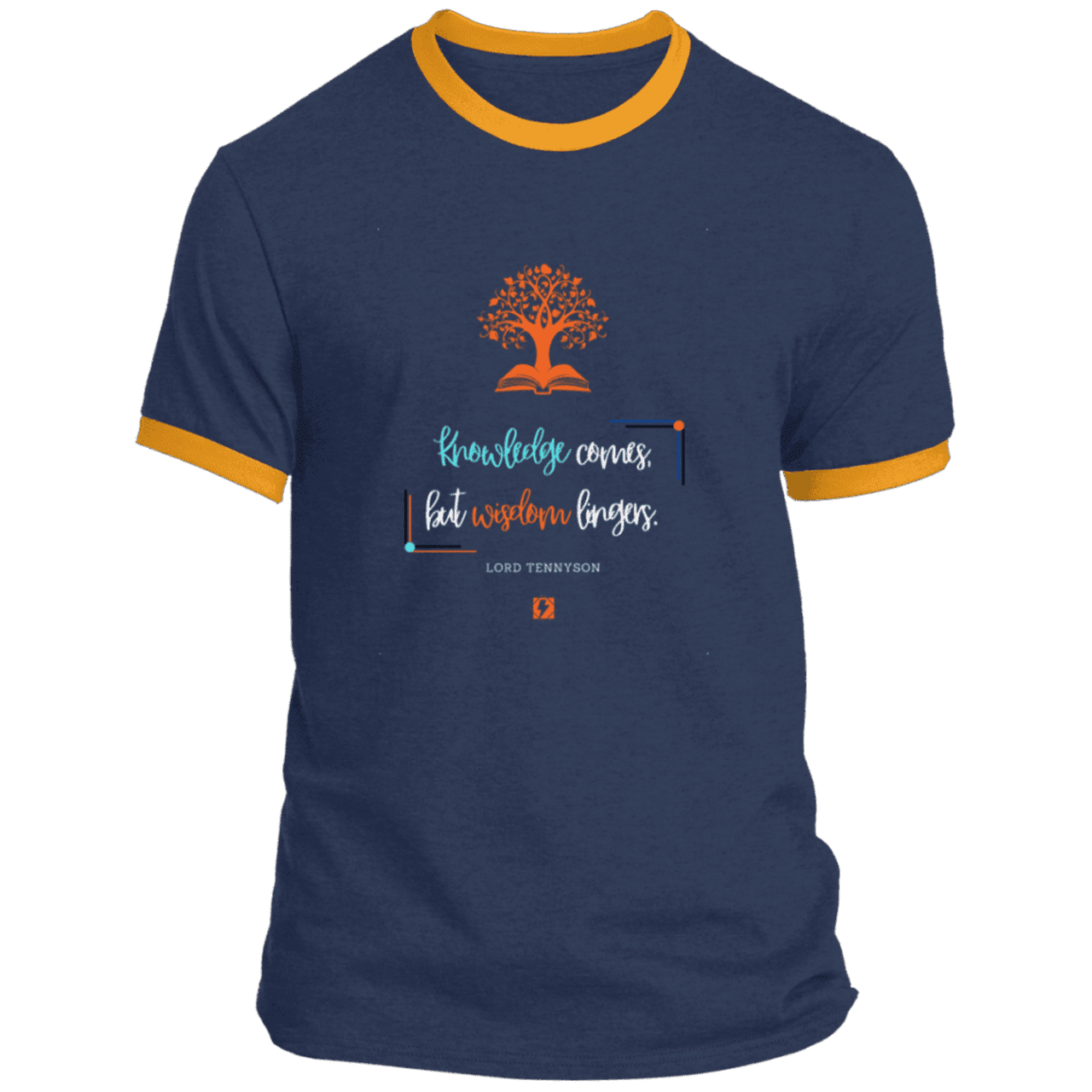 Men's T-Shirt Ringer Tee PC54R with inspiring Tennyson quote: LT107 - Knowledge vs Wisdom - Color: Navy/Gold