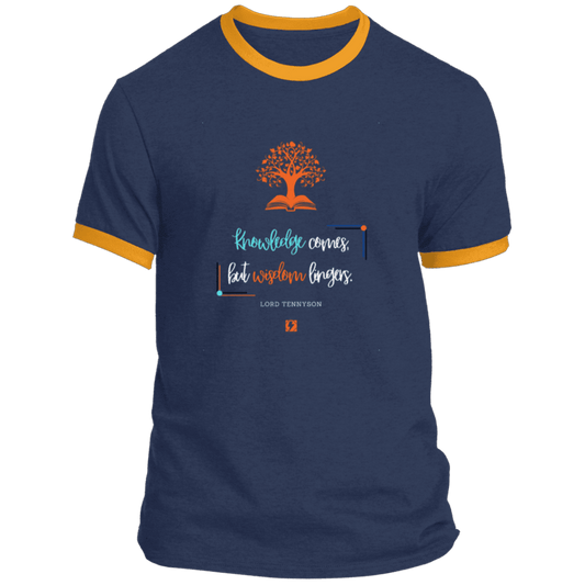 Men's T-Shirt Ringer Tee PC54R with inspiring Tennyson quote: LT107 - Knowledge vs Wisdom - Color: Navy/Gold