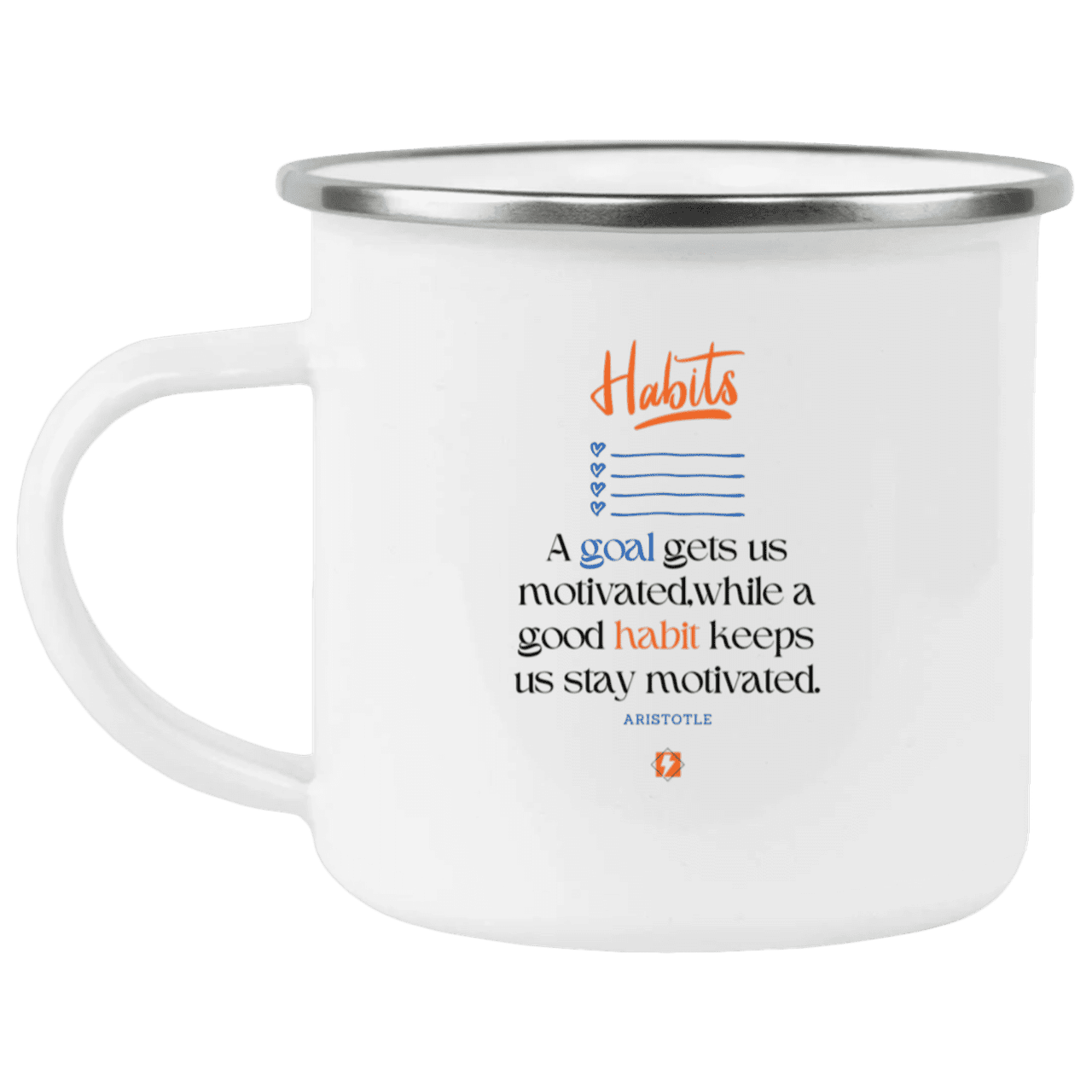 Steel Camping Mug with inspiring Aristotle quote: A104 - Goals and habits work together - Color: Plain White