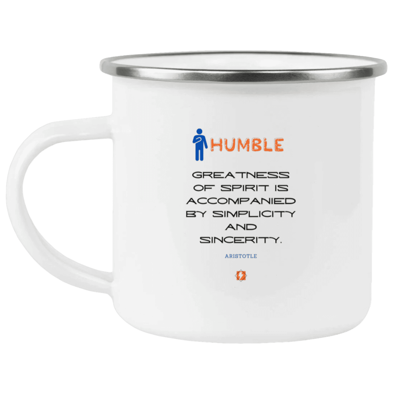 Steel Camping Mug with inspiring Aristotle quote: A111 - Staying humble elevates greatness - Color: Plain White