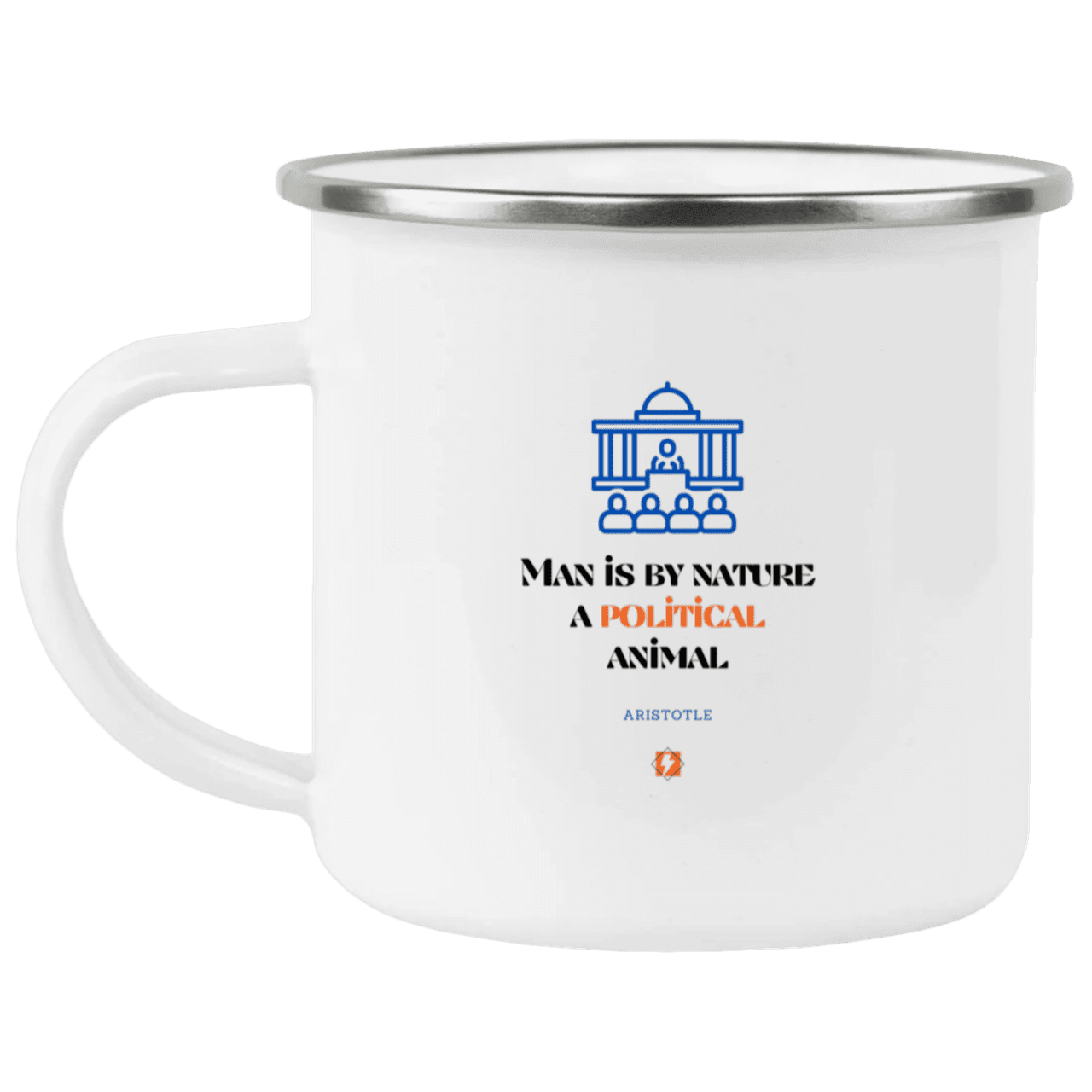 Steel Camping Mug with inspiring Aristotle quote: A120 - Man is political by nature - Color: Plain White