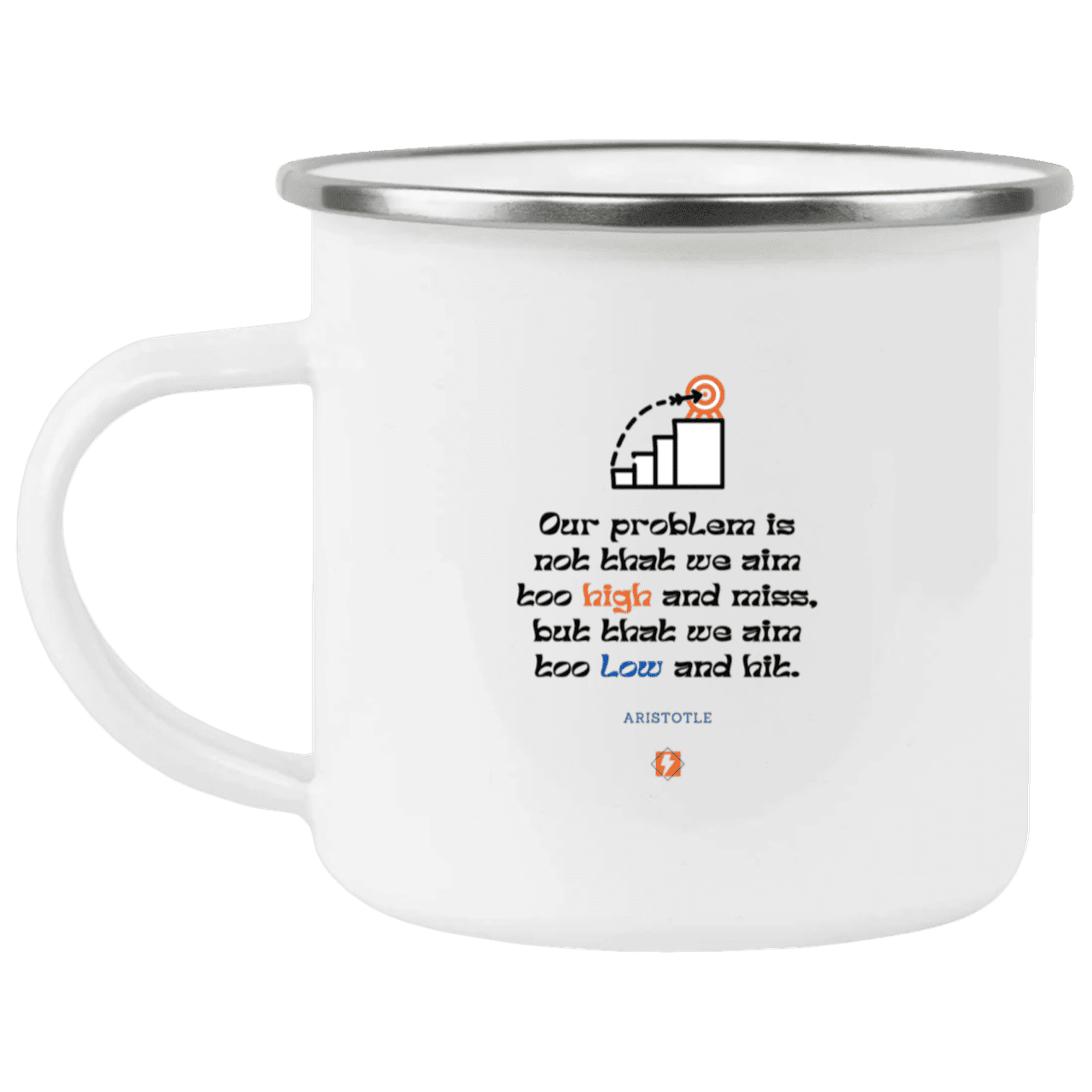 Steel Camping Mug with inspiring Aristotle quote: A123 - Aim Higher #2 - Color: Plain White