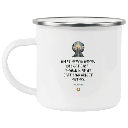 Steel Camping Mug with inspiring CS Lewis quote: CS101 - Aim for heaven - Color: Plain White