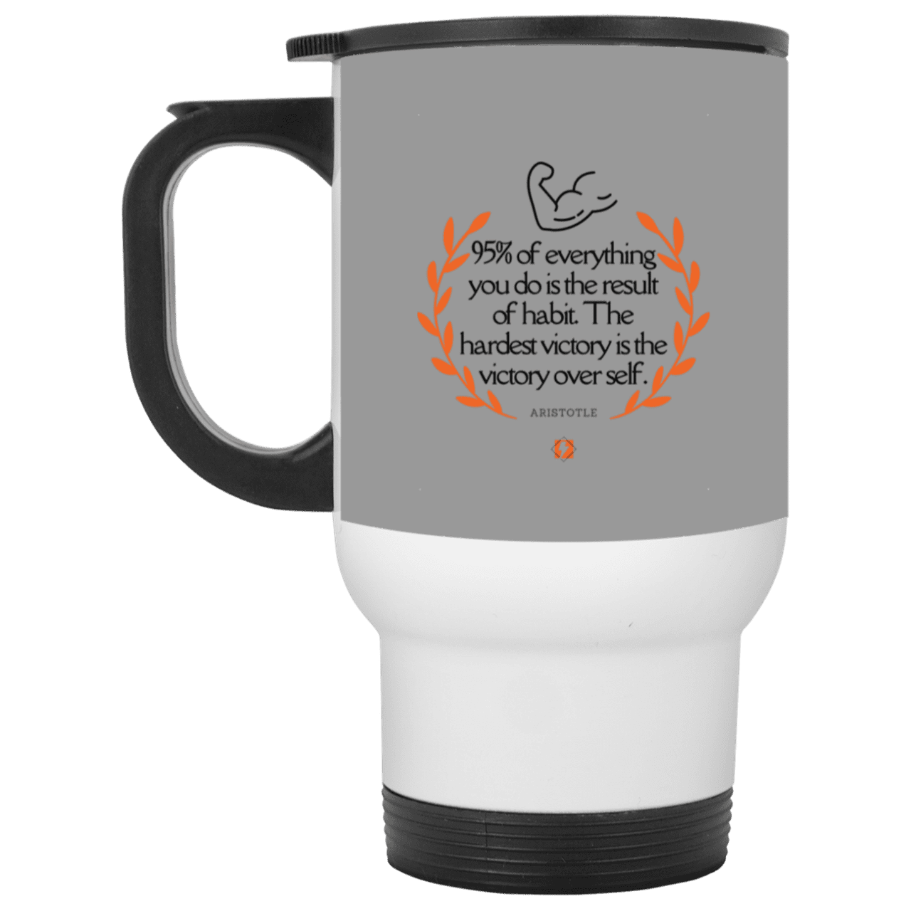 Steel Travel Mug with inspiring Aristotle quote: A101 - Habits lead to victory - Color: White Gray