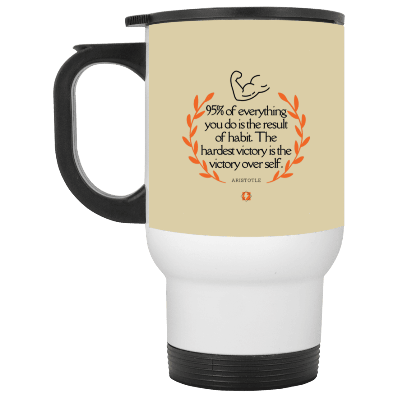 Steel Travel Mug with inspiring Aristotle quote: A101 - Habits lead to victory - Color: White Tan