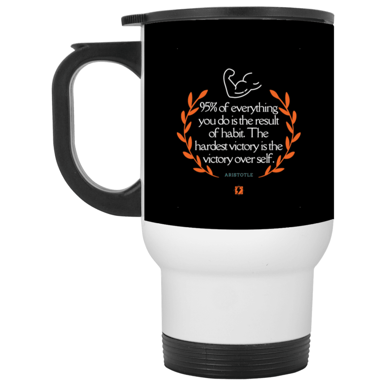 Steel Travel Mug with inspiring Aristotle quote: A101 - Habits lead to victory - Color: White Black