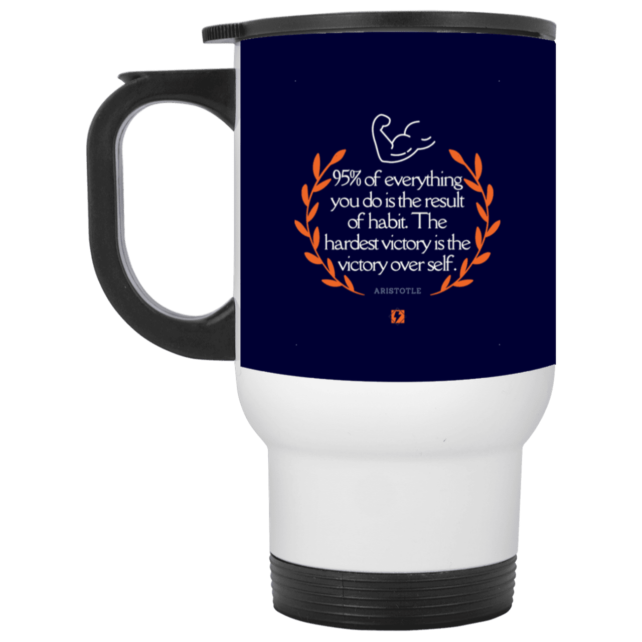 Steel Travel Mug with inspiring Aristotle quote: A101 - Habits lead to victory - Color: White Navy